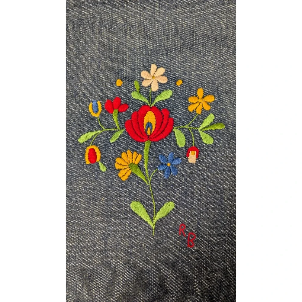 Handmade Denim Drawstring Project Bag Embroidered Floral Folk Art Lined Storage